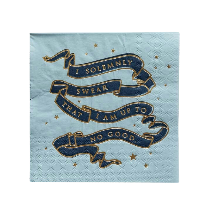 Blue Harry Potter napkin with gold stars and magical quote birthday theme from Parte Haus party supply store in Bethesda MD