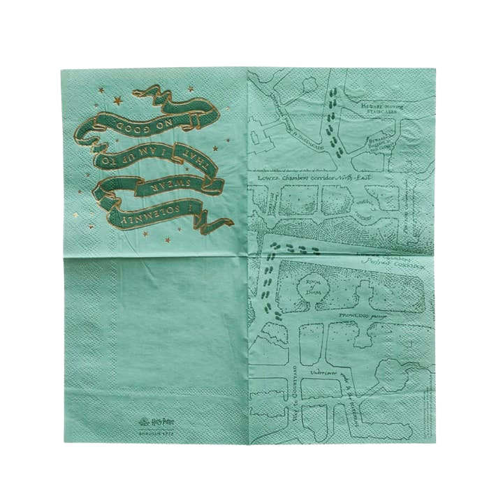 Teal Harry Potter themed napkin with Marauder’s Map and gold stars from Parte Haus party supply store in Bethesda MD