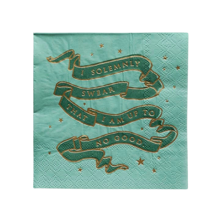 Mint blue Harry Potter napkin with gold foil text I solemnly swear theme from Parte Haus party supply store in Bethesda MD