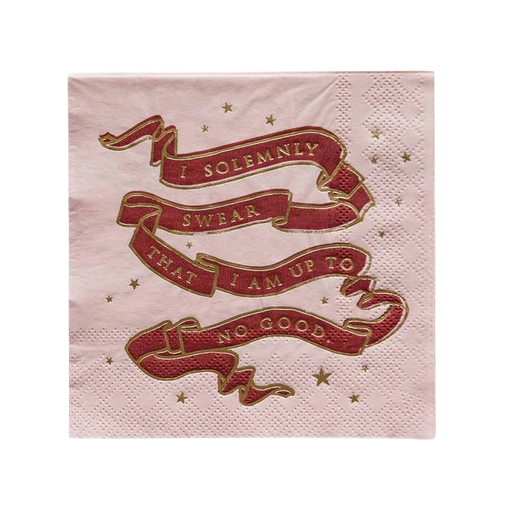 Pink Harry Potter napkin with red and gold lettering and stars birthday from Parte Haus party supply store in Bethesda MD