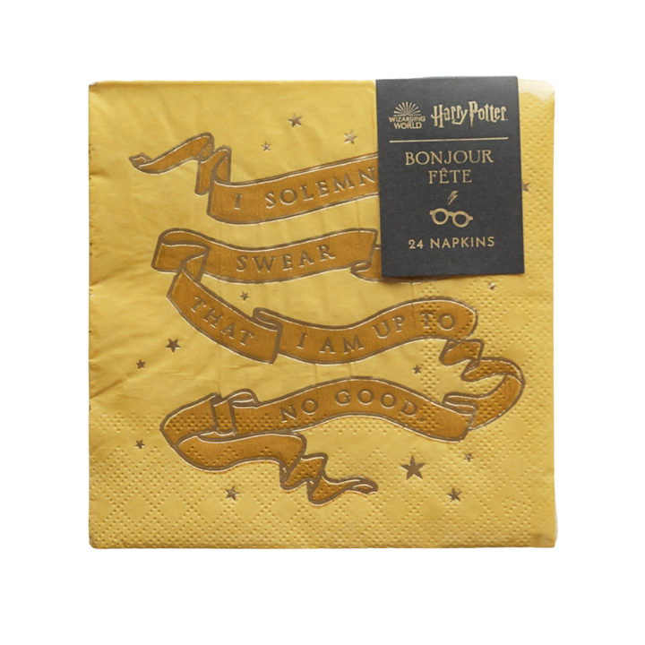 Yellow Harry Potter napkin with gold ribbon design wizard theme from Parte Haus party supply store in Bethesda MD