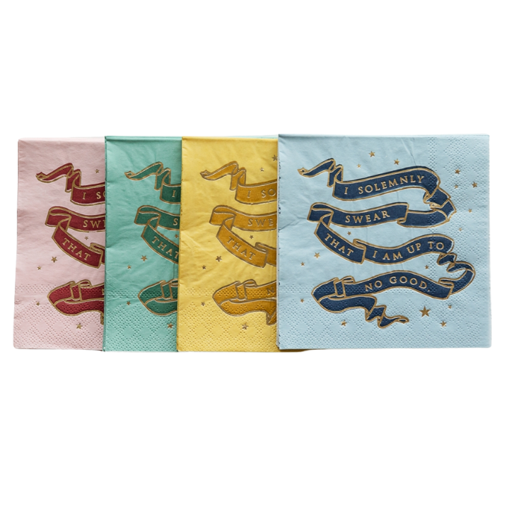 Multicolor napkin set with gold and colored banner design magical theme from Parte Haus party supply store in Bethesda MD.