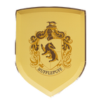 Yellow Hufflepuff shield plate with black crest design for wizard theme from Parte Haus party supply store in Bethesda MD