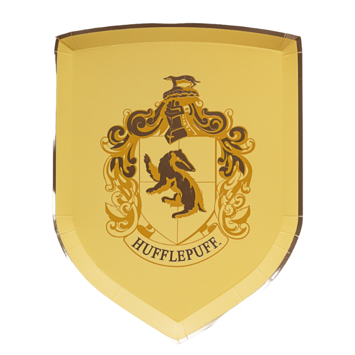 Yellow Hufflepuff shield plate with black crest design for wizard theme from Parte Haus party supply store in Bethesda MD