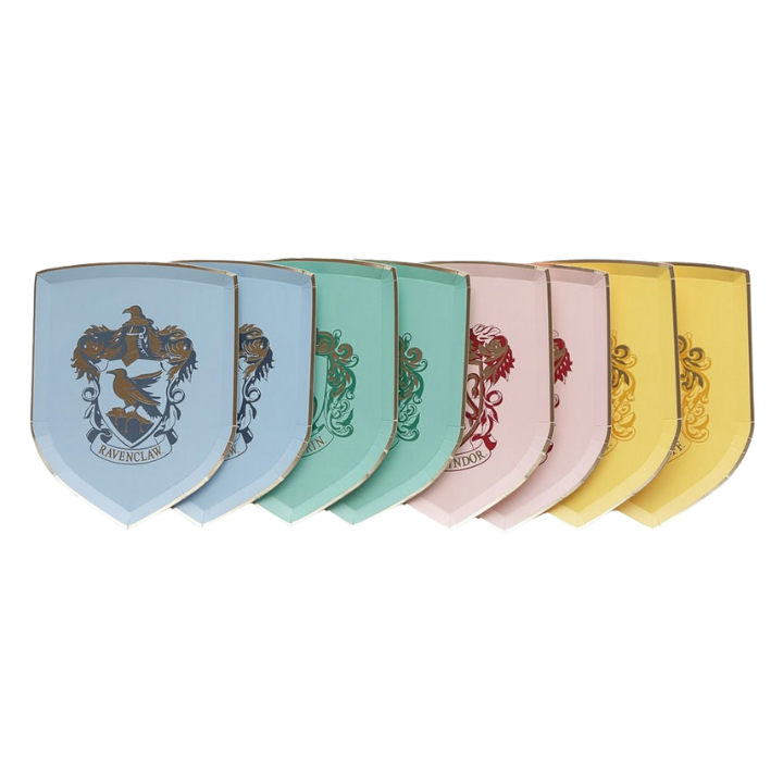 Multicolor shield shaped plates with Hogwarts house crests birthday theme from Parte Haus party supply store in Bethesda MD