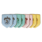 Multicolor shield shaped plates with Hogwarts house crests birthday theme from Parte Haus party supply store in Bethesda MD