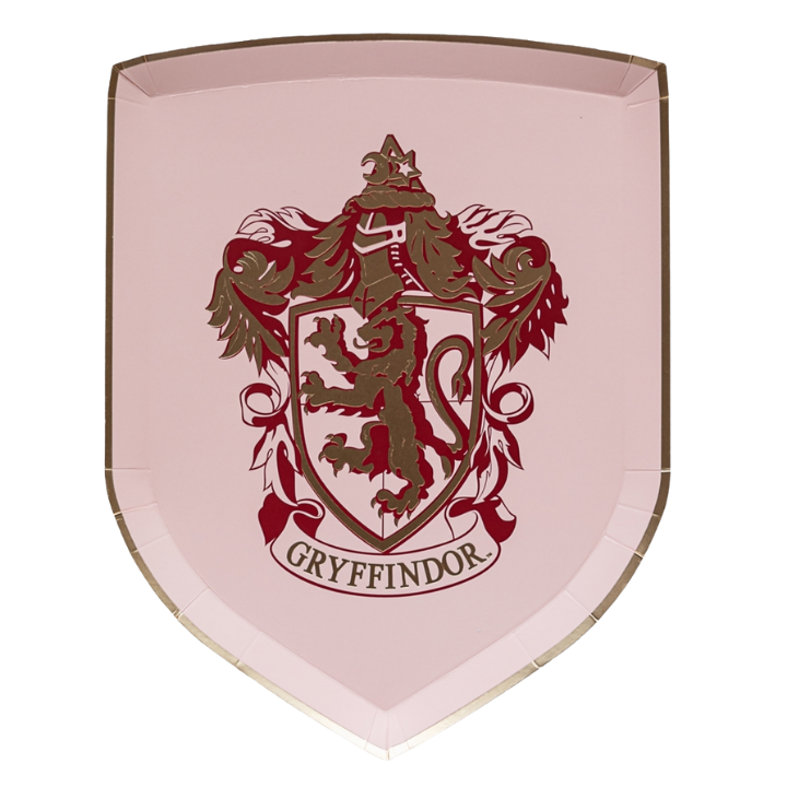 Red Gryffindor shield plate with lion crest Harry Potter theme from Parte Haus party supply store in Bethesda MD