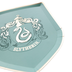 Green shield shaped plate with Slytherin snake crest for wizard theme from Parte Haus party supply store in Bethesda MD.