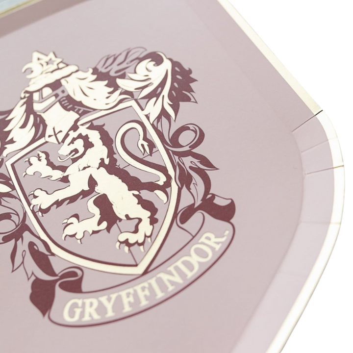 mauve Gryffindor shield plate with lion crest Harry Potter theme from Parte Haus party supply store in Bethesda MD