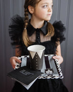 Black stripe paper plate with gothic design for Halloween from Parte Haus party supply store in Bethesda MD