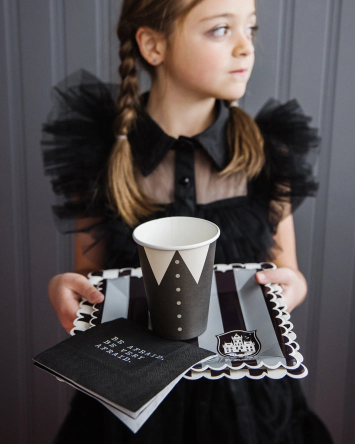 Black stripe paper plate with gothic design for Halloween from Parte Haus party supply store in Bethesda MD