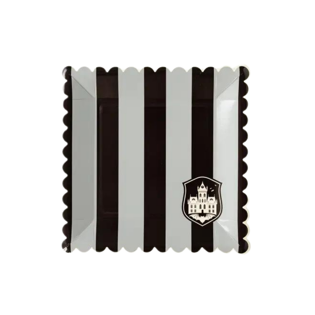 Black and white stripe square paper plate with haunted house design for Halloween from Parte Haus party supply store in Bethesda Maryland