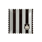 Black and white stripe square paper plate with haunted house design for Halloween from Parte Haus party supply store in Bethesda Maryland