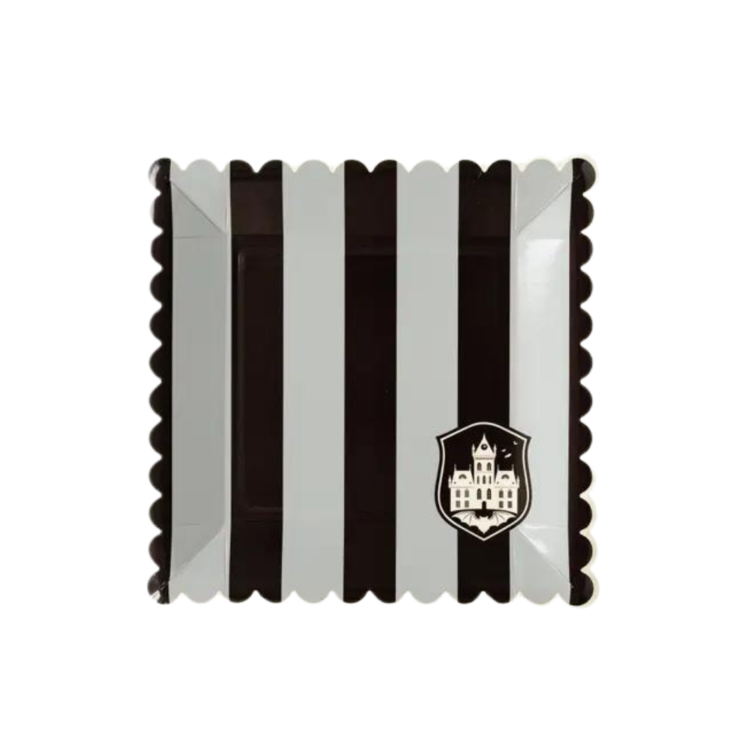 Black and white stripe square paper plate with haunted house design for Halloween from Parte Haus party supply store in Bethesda Maryland