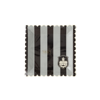 Black and white striped square paper plate with haunted house crest for Halloween from Parte Haus party supply store in Bethesda MD