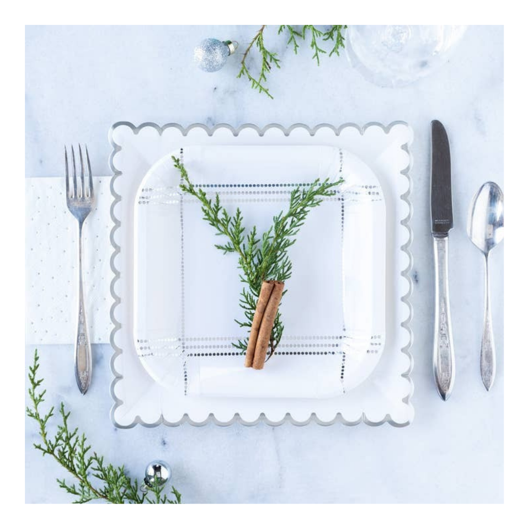 White with Silver Scalloped Large Plate