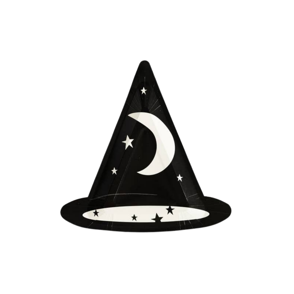 Black wizard hat plate with moon and stars Halloween theme from Parte Haus party supply store in Bethesda Maryland