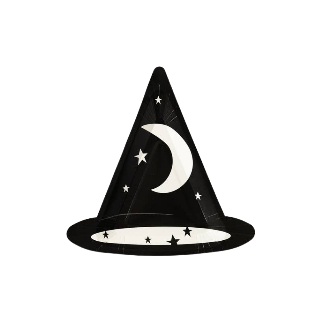 Black wizard hat plate with moon and stars Halloween theme from Parte Haus party supply store in Bethesda Maryland