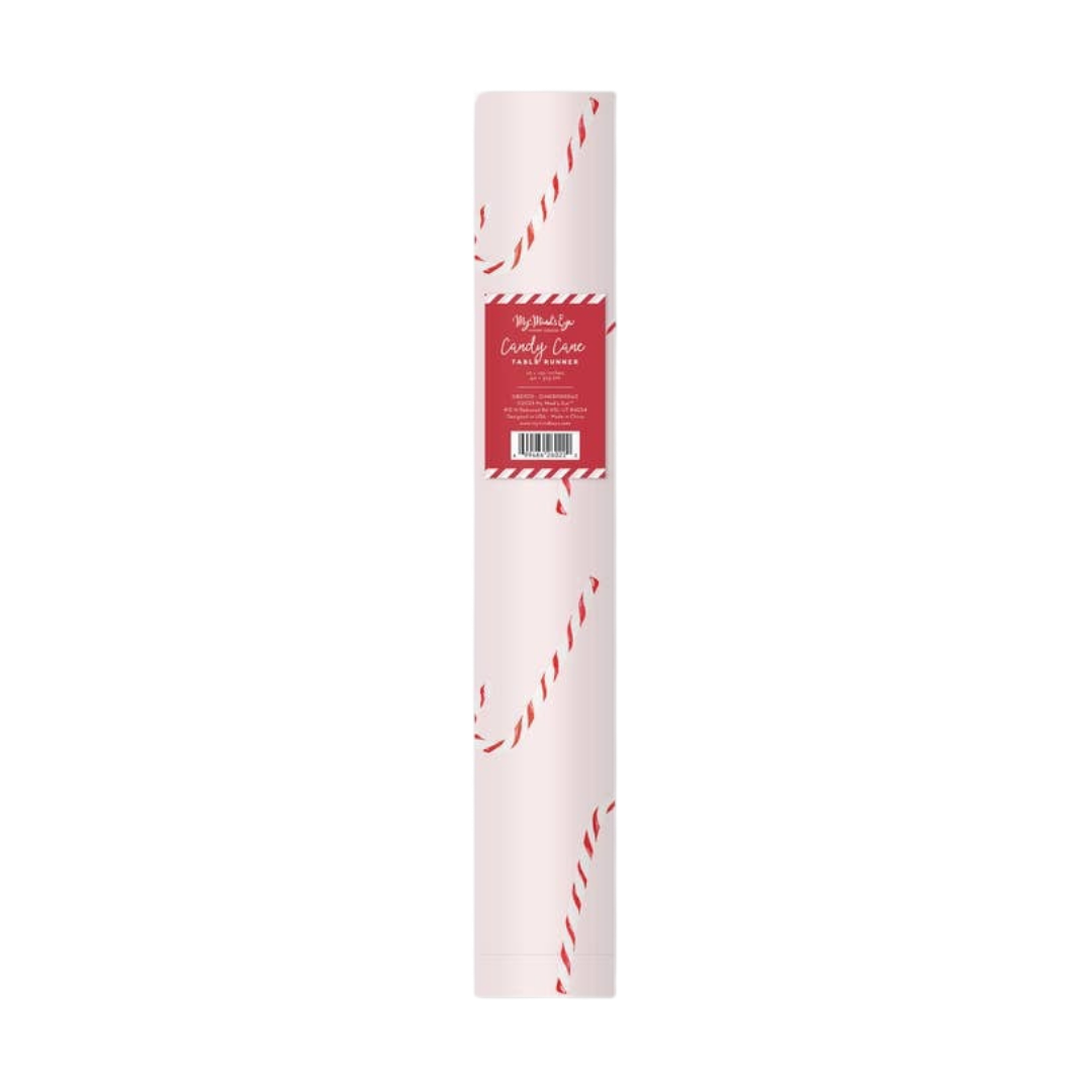 White candy cane table runner with red holiday stripe print Christmas theme from Parte Haus party supply store in Bethesda MD