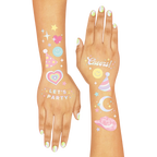 Pastel temporary tattoos with party hats stars and smiley faces celebration theme from Parte Haus party supply store in Bethesda Maryland