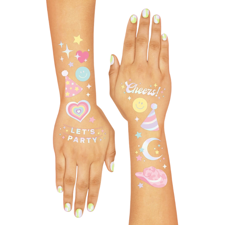 Pastel temporary tattoos with party hats stars and smiley faces celebration theme from Parte Haus party supply store in Bethesda Maryland