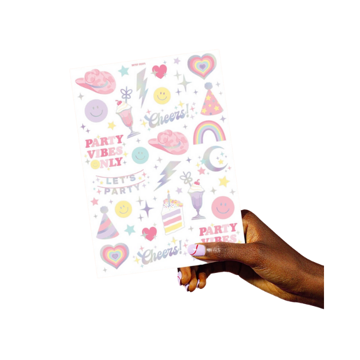 Pastel sticker sheet with party icons for birthday celebrations from Parte Haus party supply store in Bethesda Maryland