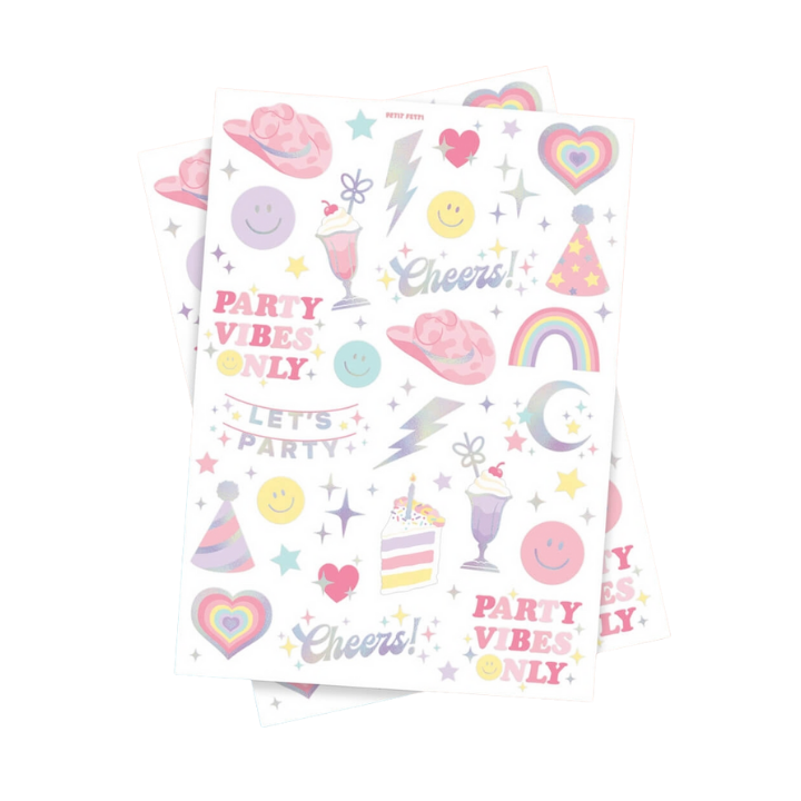 Pastel sticker sheets with party icons and cheerful sayings birthday theme from Parte Haus party supply store in Bethesda MD