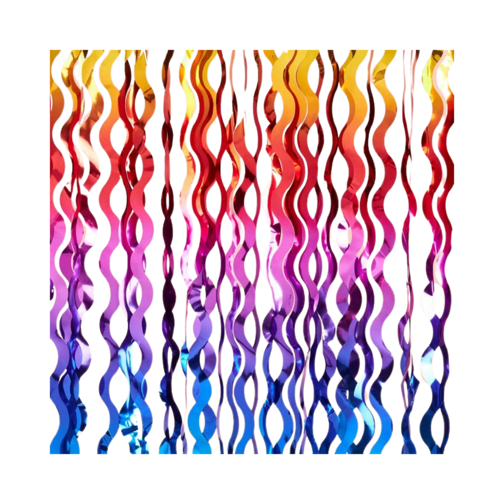 Rainbow foil wavy curtain with groovy design for birthday from Parte Haus party supply store in Bethesda MD.