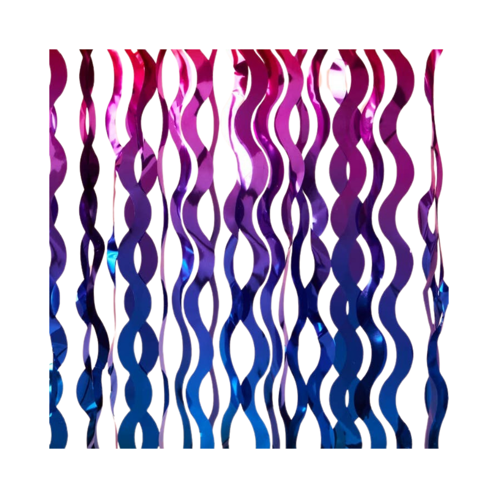 Wavy rainbow foil curtain with pink and blue metallic shimmer groovy party decor from Parte Haus party supply store in Bethesda Maryland