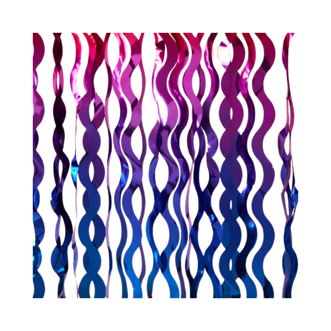 Wavy rainbow foil curtain with pink and blue metallic shimmer groovy party decor from Parte Haus party supply store in Bethesda Maryland