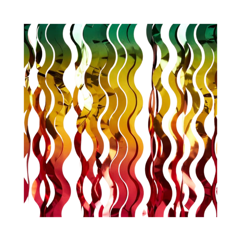Wavy rainbow foil curtain shiny streamers for groovy birthday from Parte Haus party supply store in Bethesda MD.