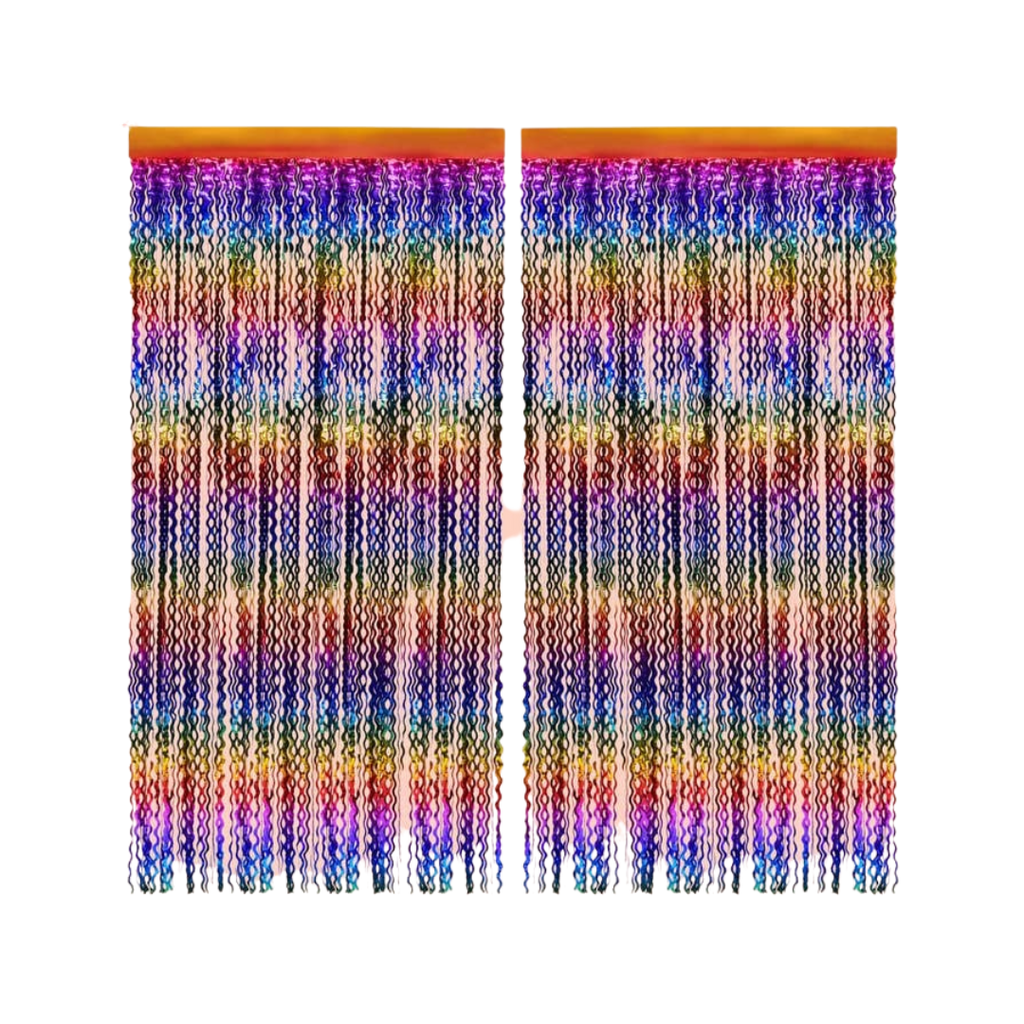 Rainbow wavy foil curtain with metallic shimmer groovy party decor from Parte Haus party supply store in Bethesda MD