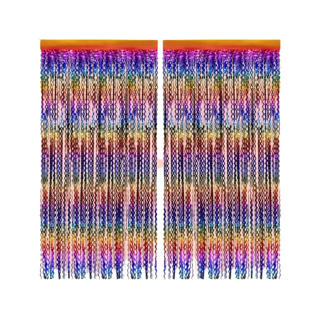 Rainbow wavy foil curtain with metallic shimmer groovy party decor from Parte Haus party supply store in Bethesda MD