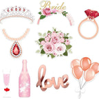 Pink bridal photo props with tiara bouquet and champagne for wedding from Parte Haus party supply store in Bethesda MD.
