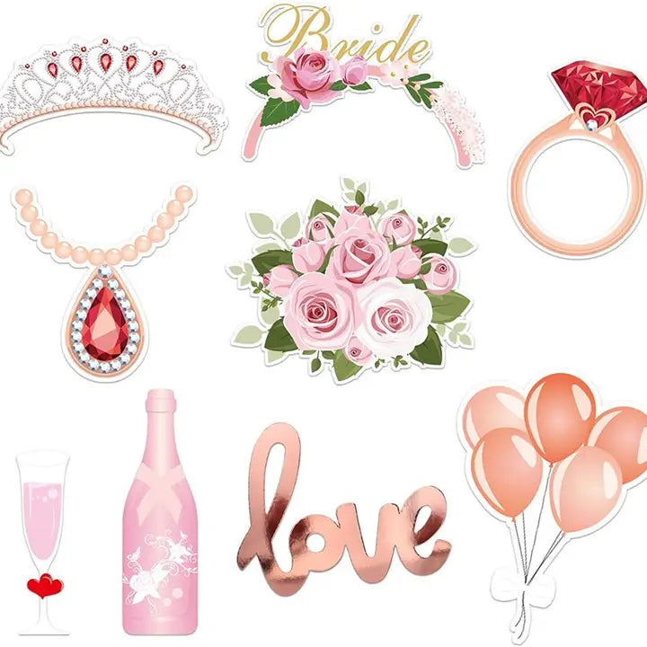 Pink bridal photo props with tiara bouquet and champagne for wedding from Parte Haus party supply store in Bethesda MD.