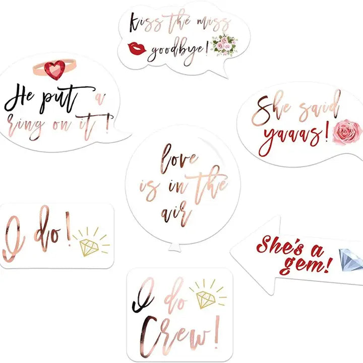 Rose gold wedding bridal photo props with fun sayings bridal shower from Parte Haus party supply store in Bethesda MD.