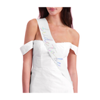 White bride to be sash with iridescent lettering for bachelorette from Parte Haus party supply store in Bethesda MD