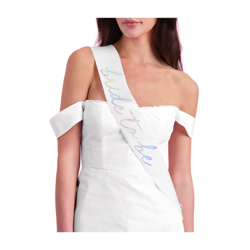 White bride to be sash with iridescent lettering for bachelorette from Parte Haus party supply store in Bethesda MD