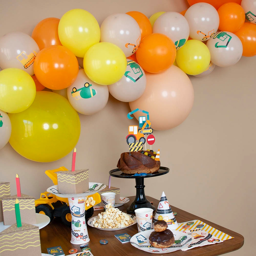 White construction theme large dinner plates with trucks and tools birthday from Parte Haus party supply store in Bethesda Maryland