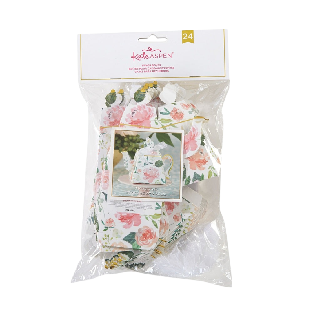 White floral teapot favor box with pink rose print for tea party from Parte Haus party supply store in Bethesda Maryland