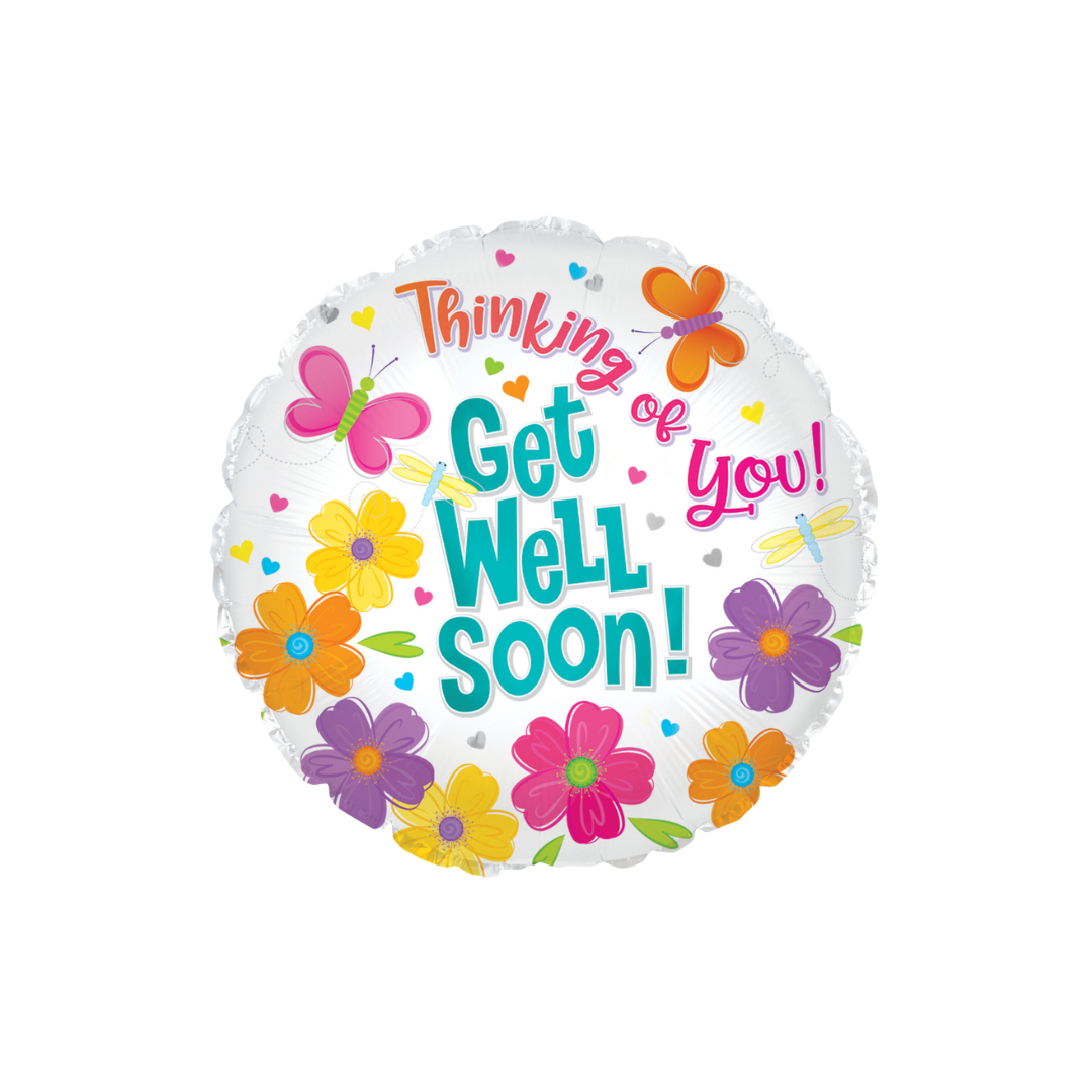 White floral get well foil balloon with colorful flowers and butterflies get well soon from Parte Haus party supply store in Bethesda MD