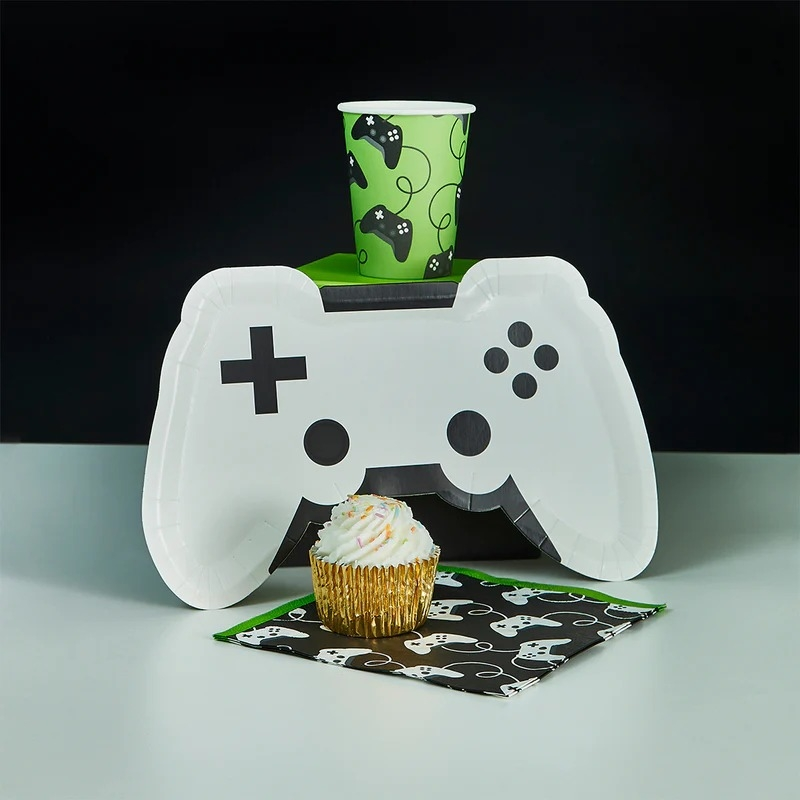 White game controller shaped appetizer dessert plate for gaming birthday theme from Parte Haus party supply store in Bethesda MD