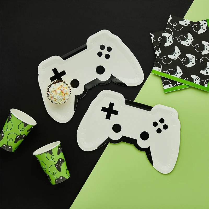 White game controller appetizer and dessert plates with gaming theme from Parte Haus party supply store in Bethesda MD