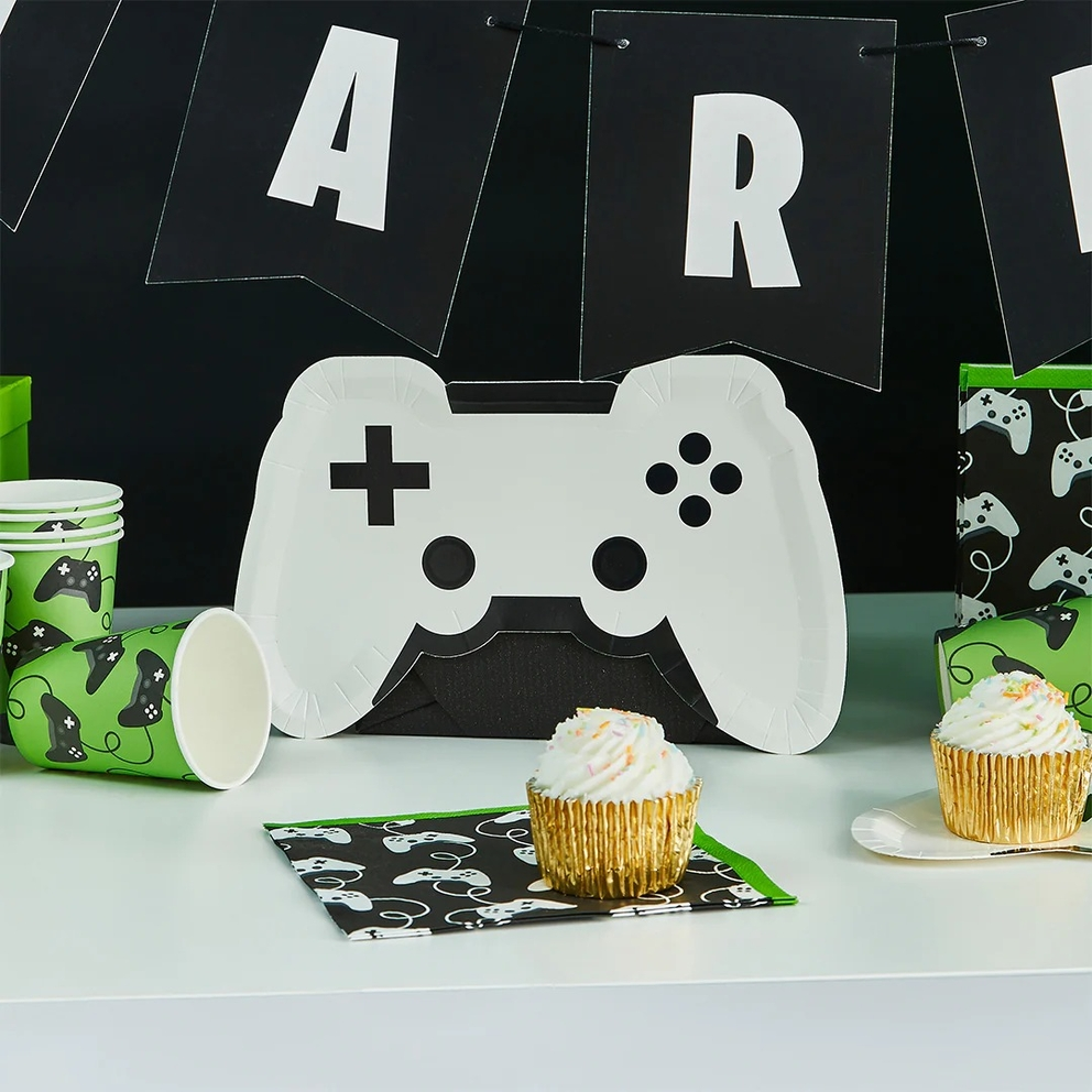 White game controller shaped appetizer dessert plates gaming birthday theme from Parte Haus party supply store in Bethesda Maryland