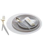 White snakeskin look round plastic charger plate elegant table setting from Parte Haus party supply store in Bethesda MD