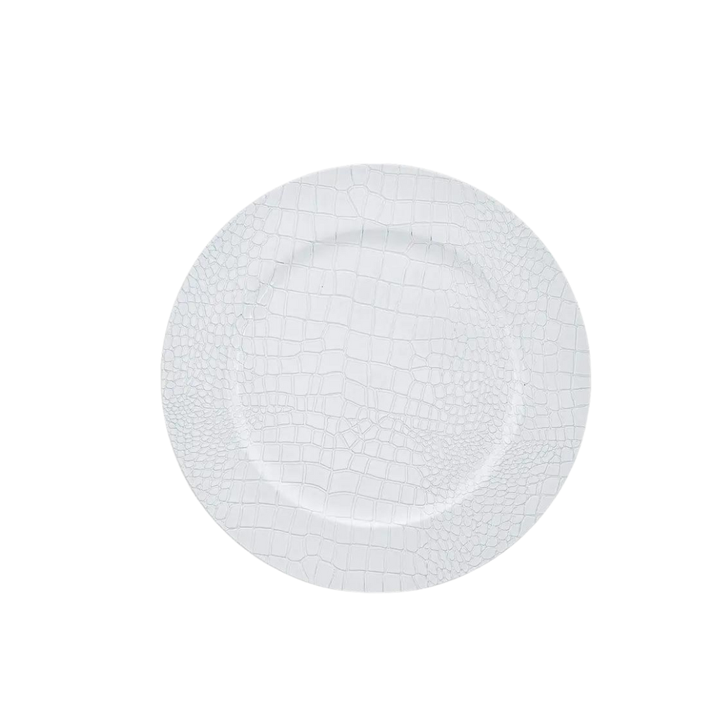 White snakeskin look round plastic charger plate modern dinnerware from Parte Haus party supply store in Bethesda, MD.