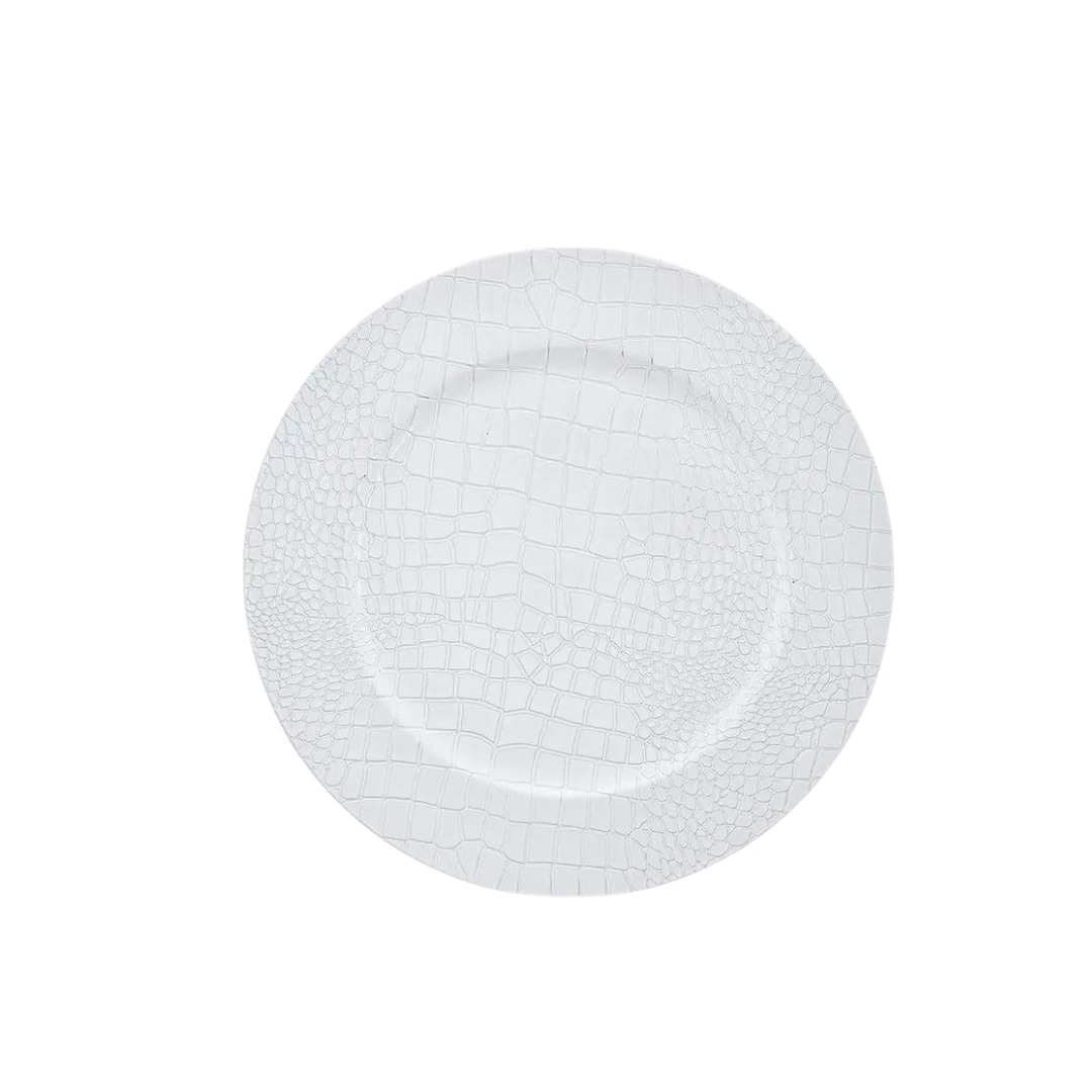 White snakeskin look round plastic charger plate modern dinnerware from Parte Haus party supply store in Bethesda, MD.
