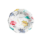 White superhero dessert plates with comic graphics for birthday from Parte Haus party supply store in Bethesda Maryland