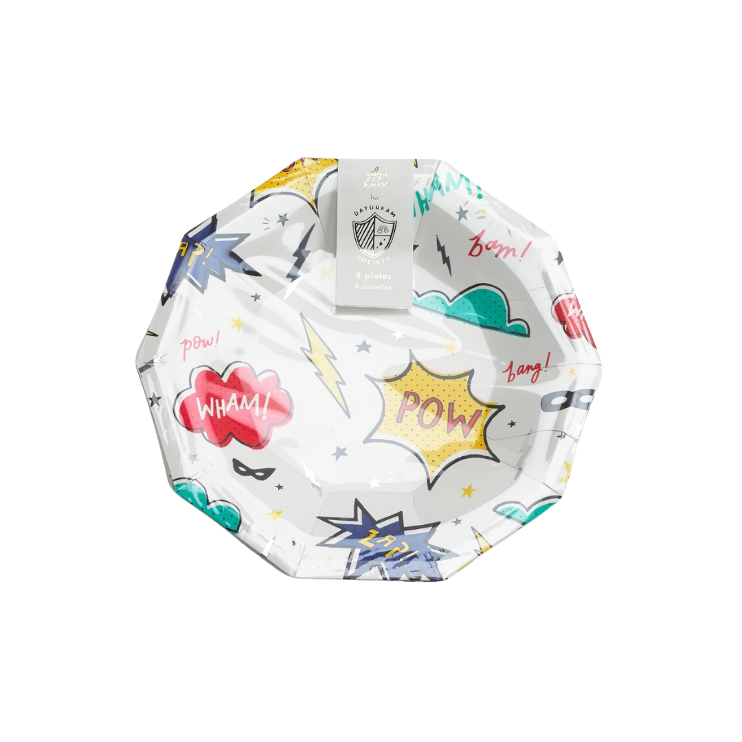 White superhero dessert plates with comic graphics for birthday from Parte Haus party supply store in Bethesda Maryland