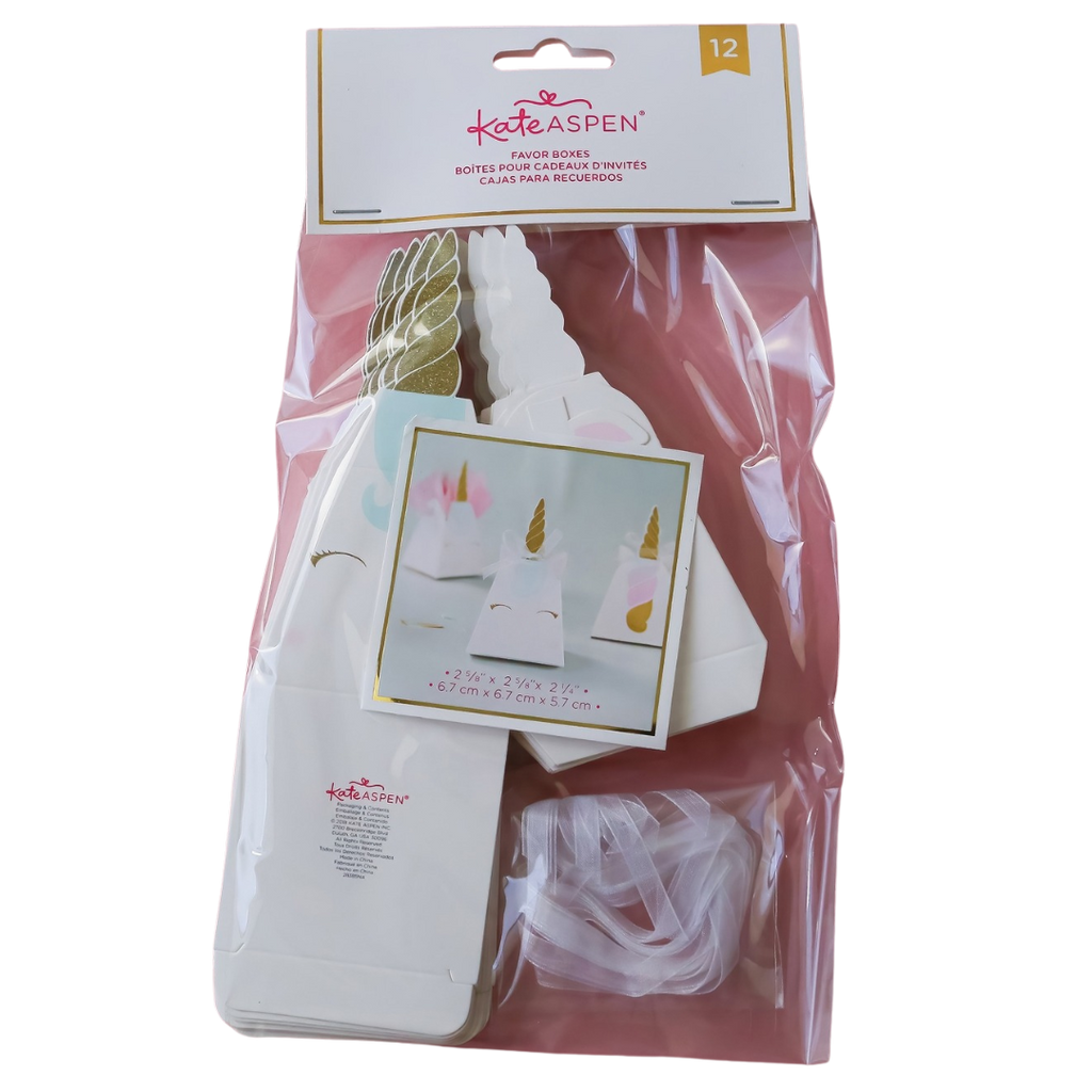 White unicorn favor box with gold horn and pink details for birthday from Parte Haus party supply store in Bethesda MD.